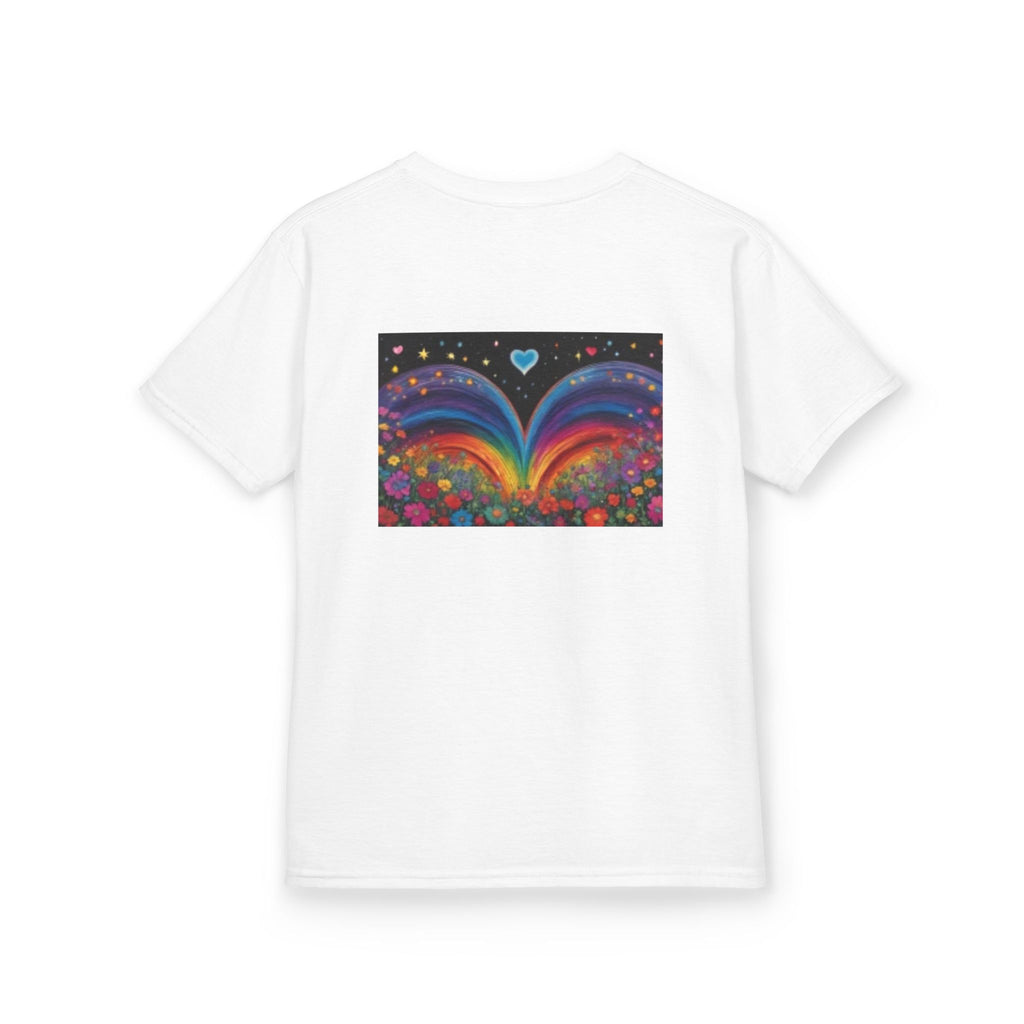 Kids T-shirt— Cute Tiger Cub Photo Front & Rainbow Heart Back Graphic