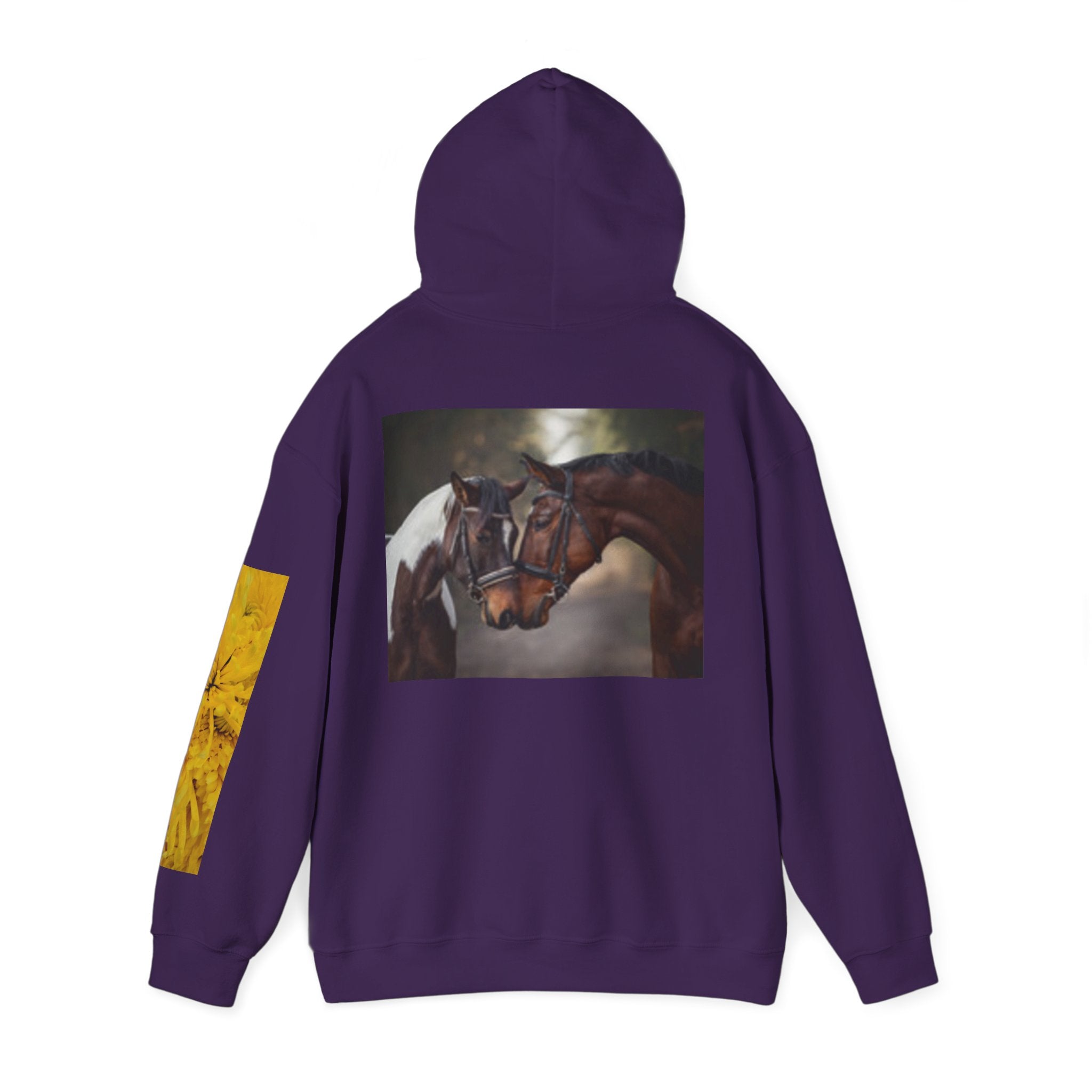 Sunrise Meadow & Horse Graphic Hoodie — Scenic Sunset Landscape and Saddled Horse Print