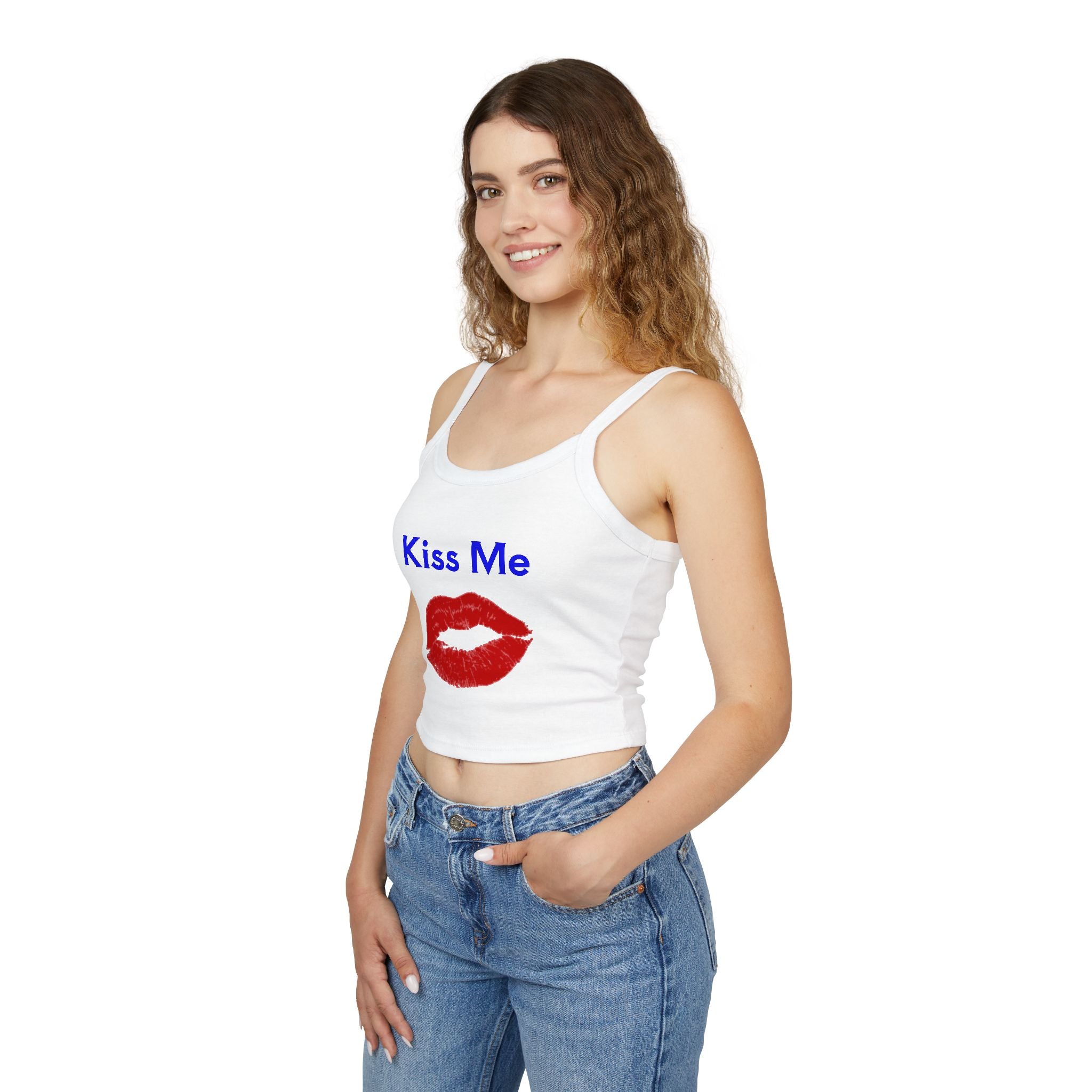 Kiss Me Lip Print Tank Top — Women's Spaghetti Strap Crop