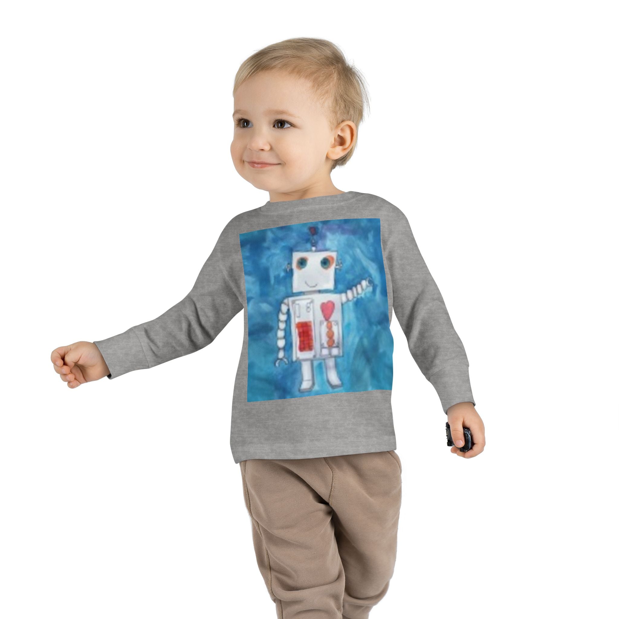 Toddler Long Sleeve Tee — Playful Robot & Colorful Sunrise Graphic Shirt