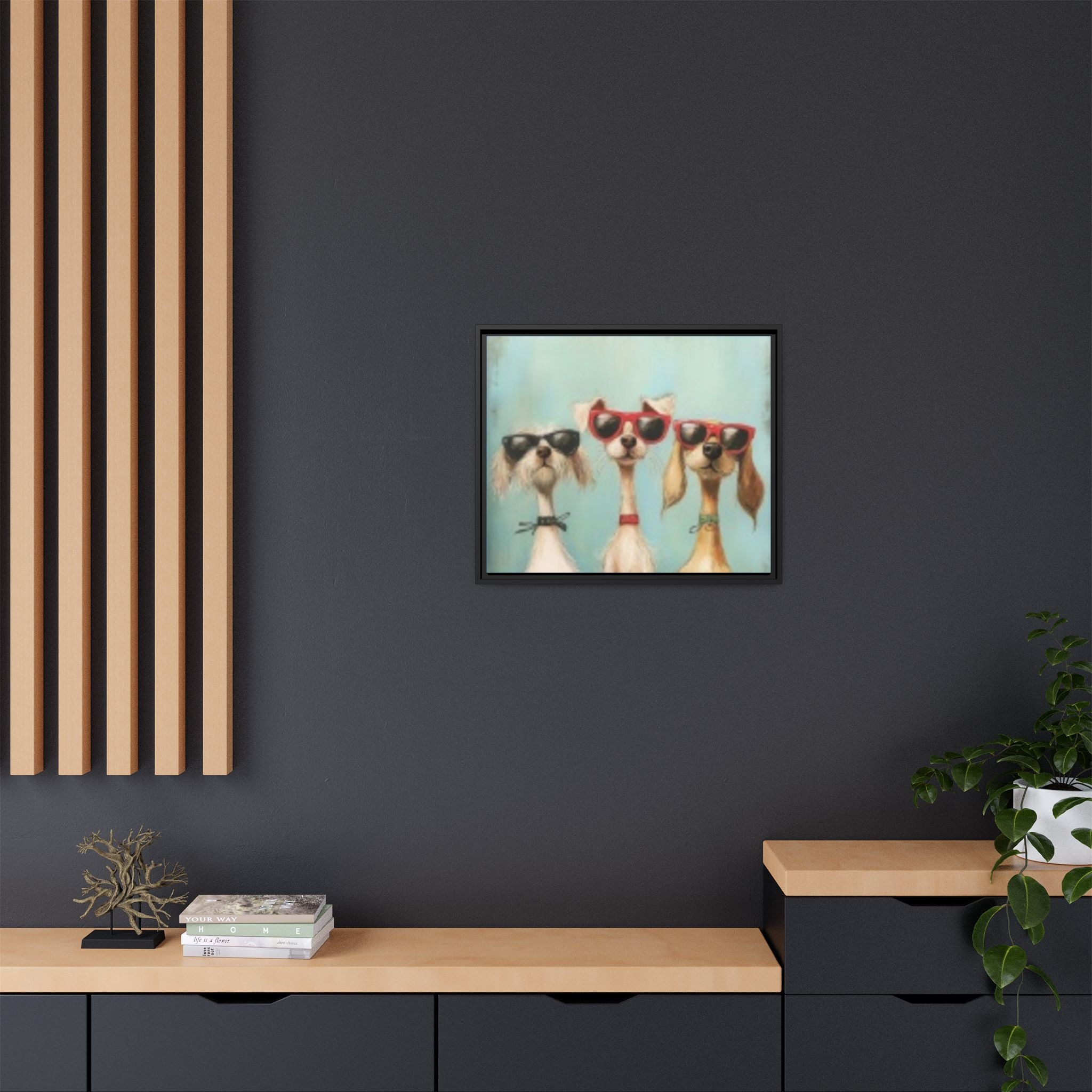 Framed Matte Canvas — Three Cool Dogs in Sunglasses Wall Art