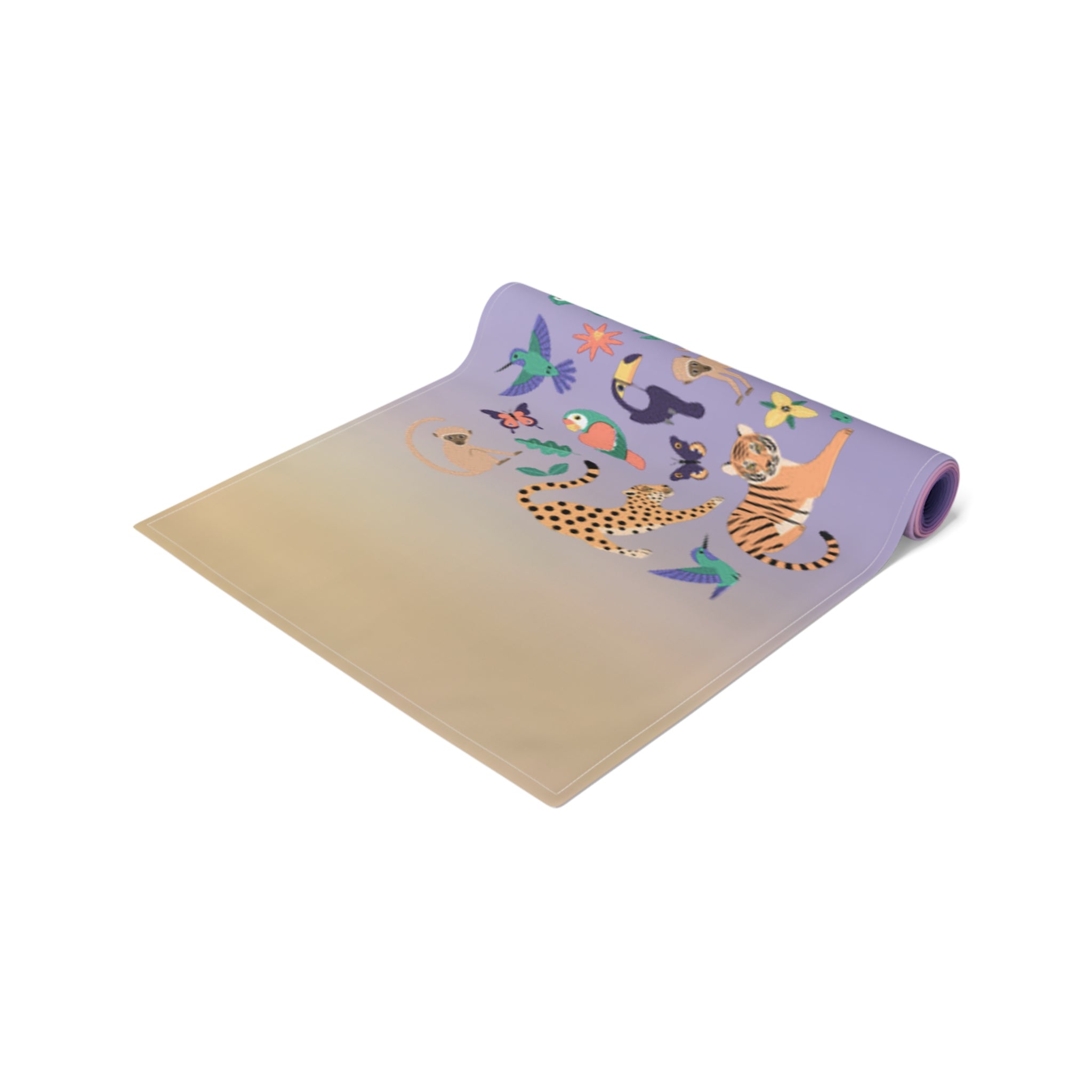 Tropical Jungle Table Runner — Gradient Purple with Tigers & Parrots