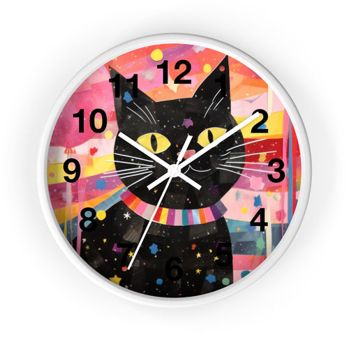 Black Cat Wall Clock — Colorful Retro Cat Clock with Yellow Eyes