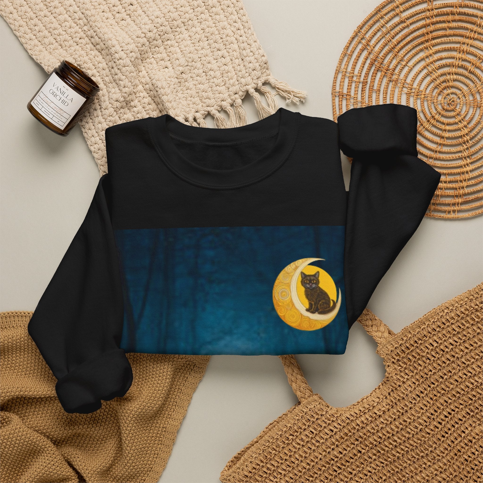 Mickey Mouse Pumpkin  Black Cat Mystic Moonlit Forest Sweatshirt — Atmospheric Blue Fog Crewneck