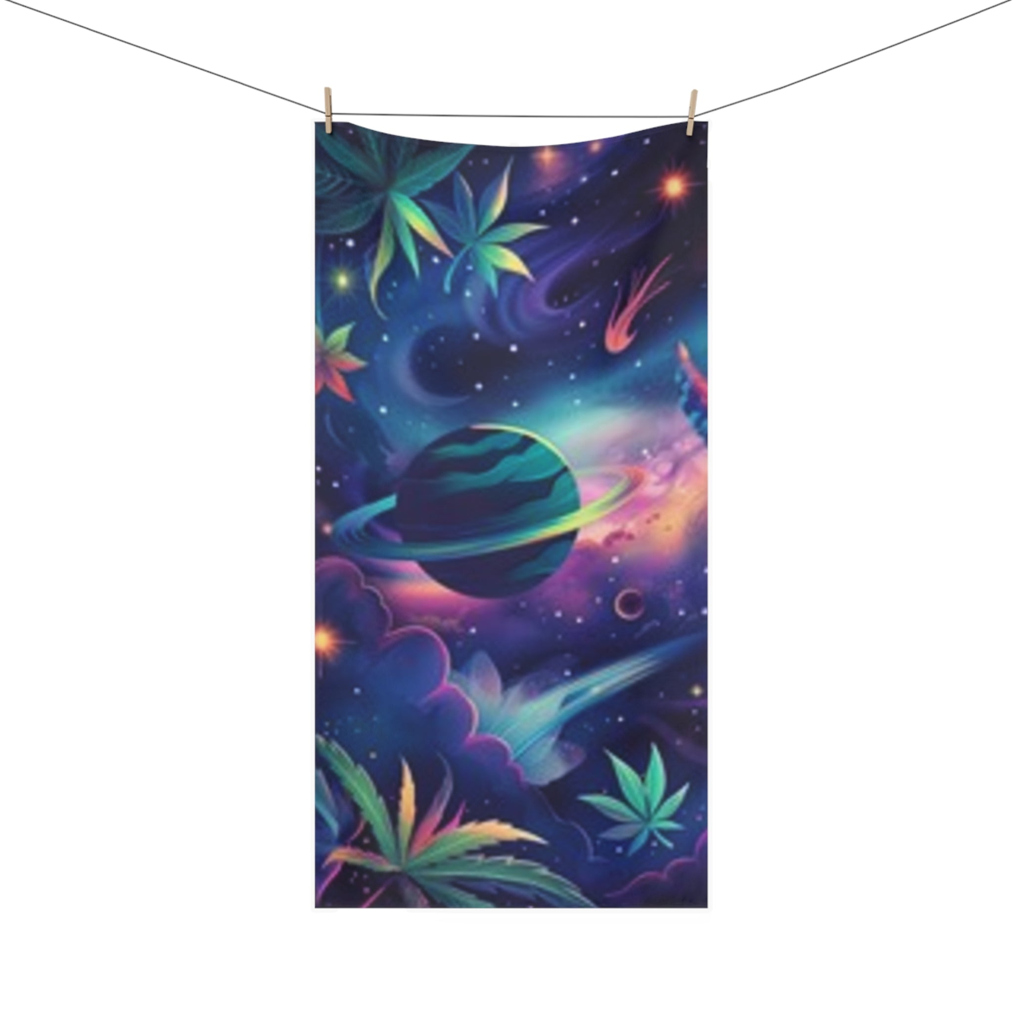Cosmic Cannabis Beach Towel — Galaxy Planet & Leaf Print