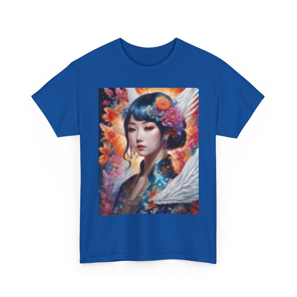 Artistic Geisha Portrait T-Shirt — Floral Angel Wing Graphic Tee