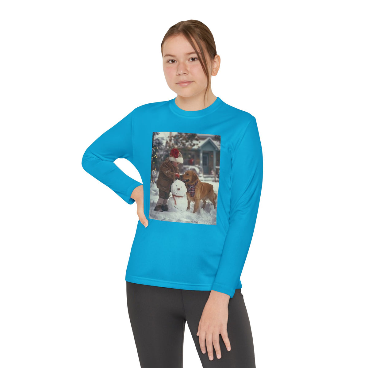 Youth Long Sleeve Tee — Christmas~Vintage Snow Day Kids Shirt with Snowman and Dog