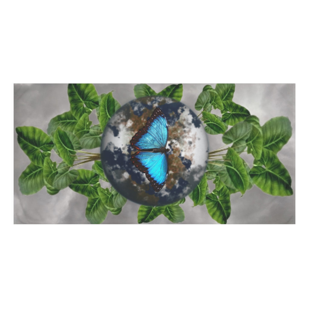 Butterfly Earth Beach Towel & Facts — Blue Morph with Tropical Leaves