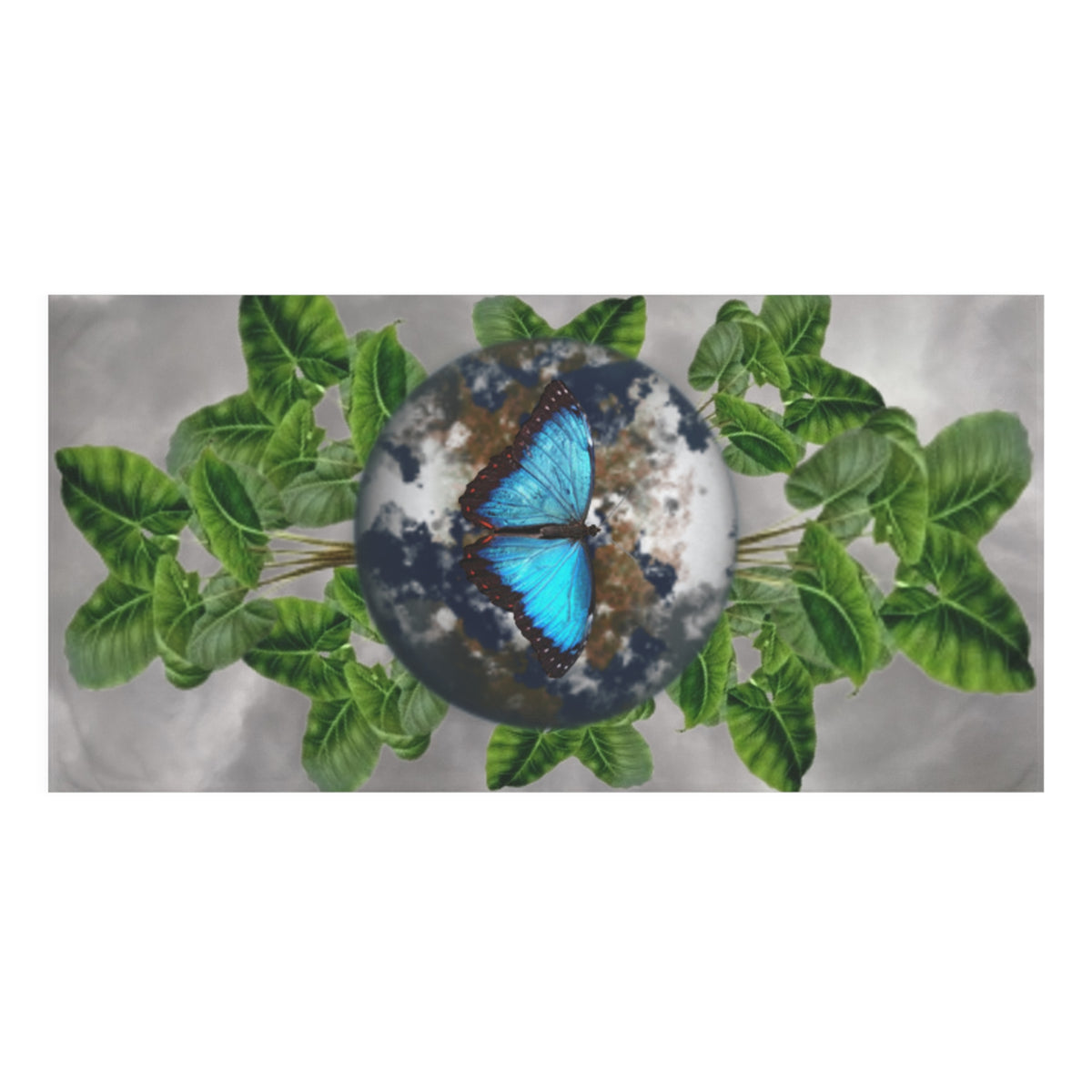 Butterfly Earth Beach Towel & Facts — Blue Morph with Tropical Leaves