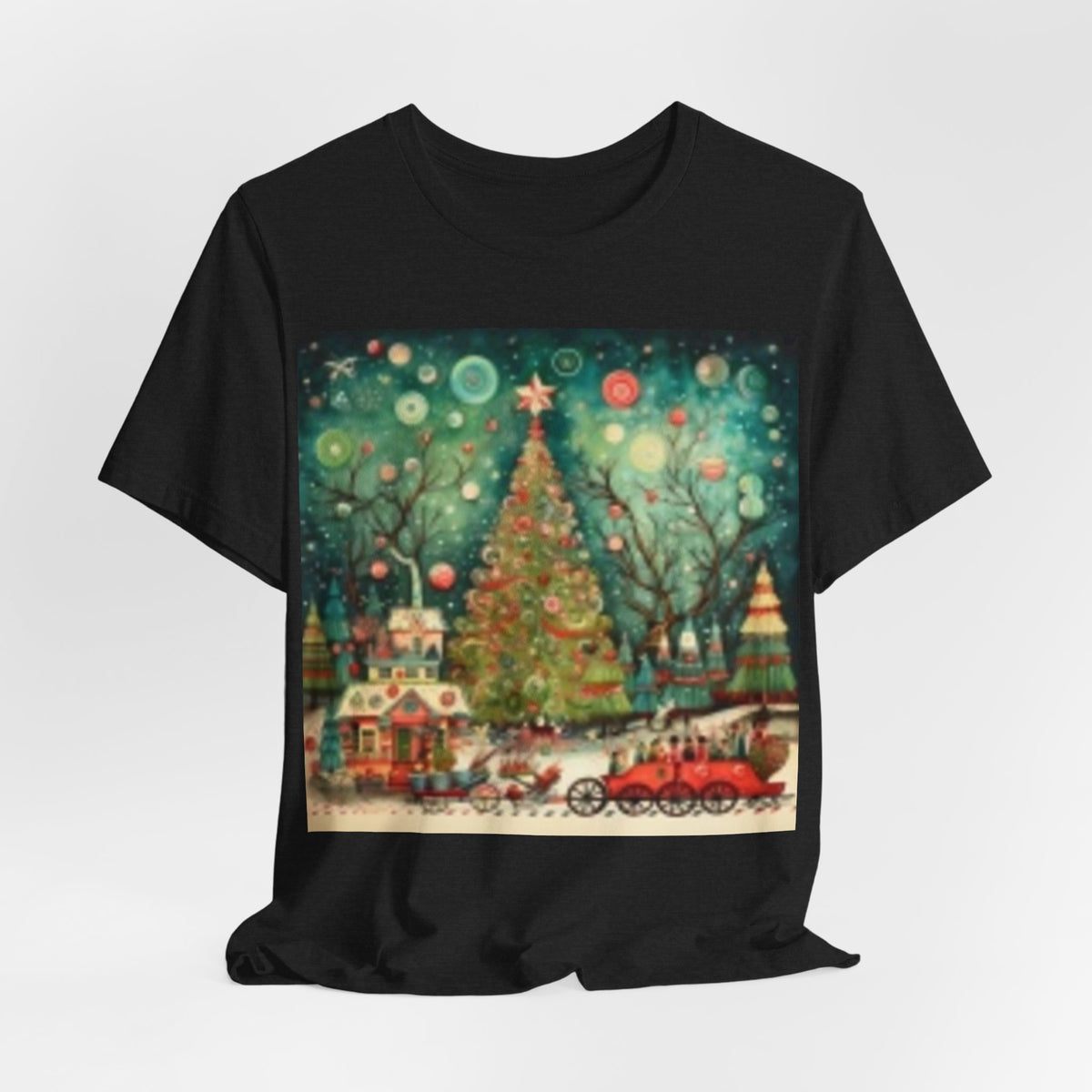 Christmas Tree Vintage Scene Tee — Holiday Village Carriage Design