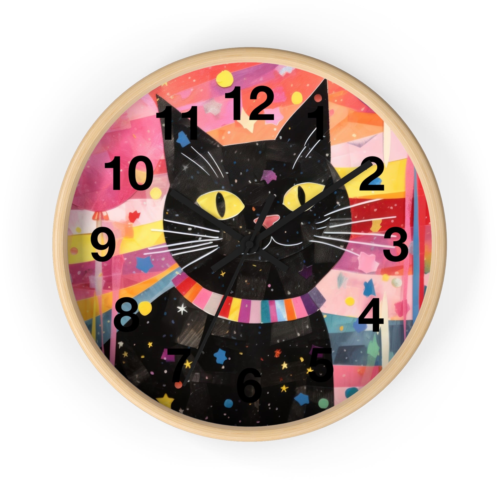 Black Cat Wall Clock — Colorful Retro Cat Clock with Yellow Eyes