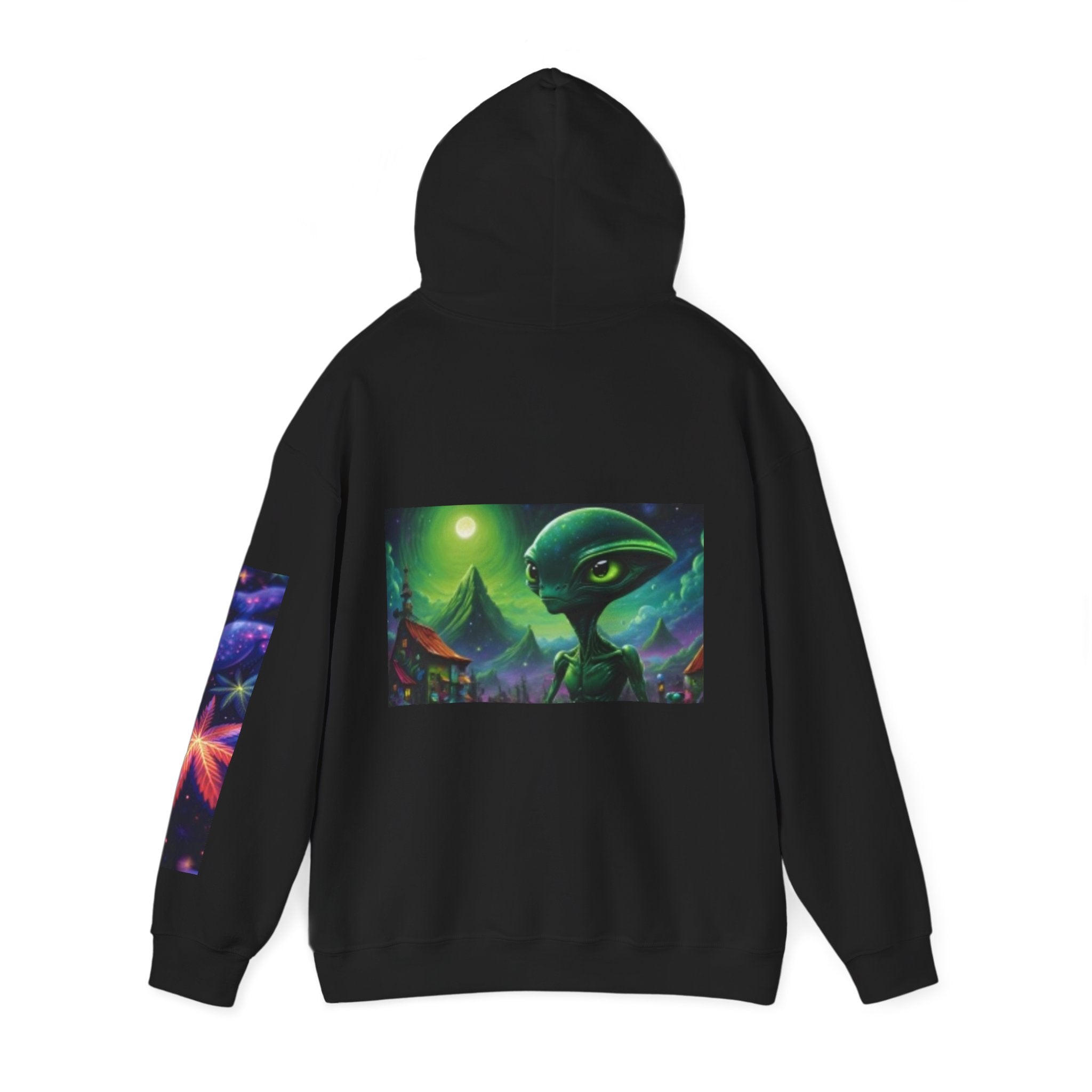 Alien Landscape Hoodie — Cosmic Moonscape & Green Alien Graphic Sweatshirt