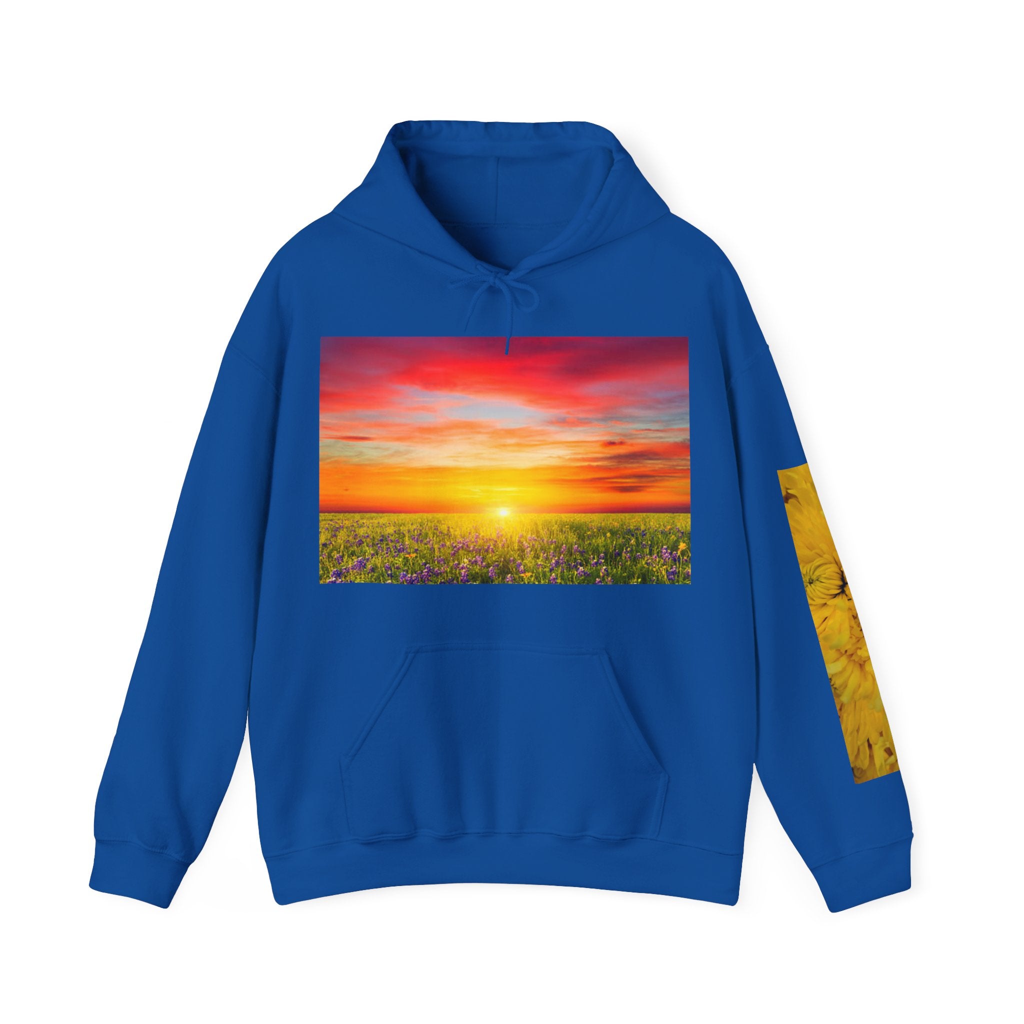 Sunrise Meadow & Horse Graphic Hoodie — Scenic Sunset Landscape and Saddled Horse Print