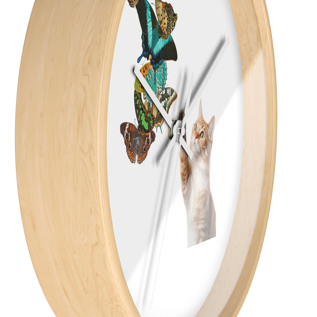 Cat & Butterflies Wall Clock — Cute Cat Reaching for Butterflies Decorative Wall Clock