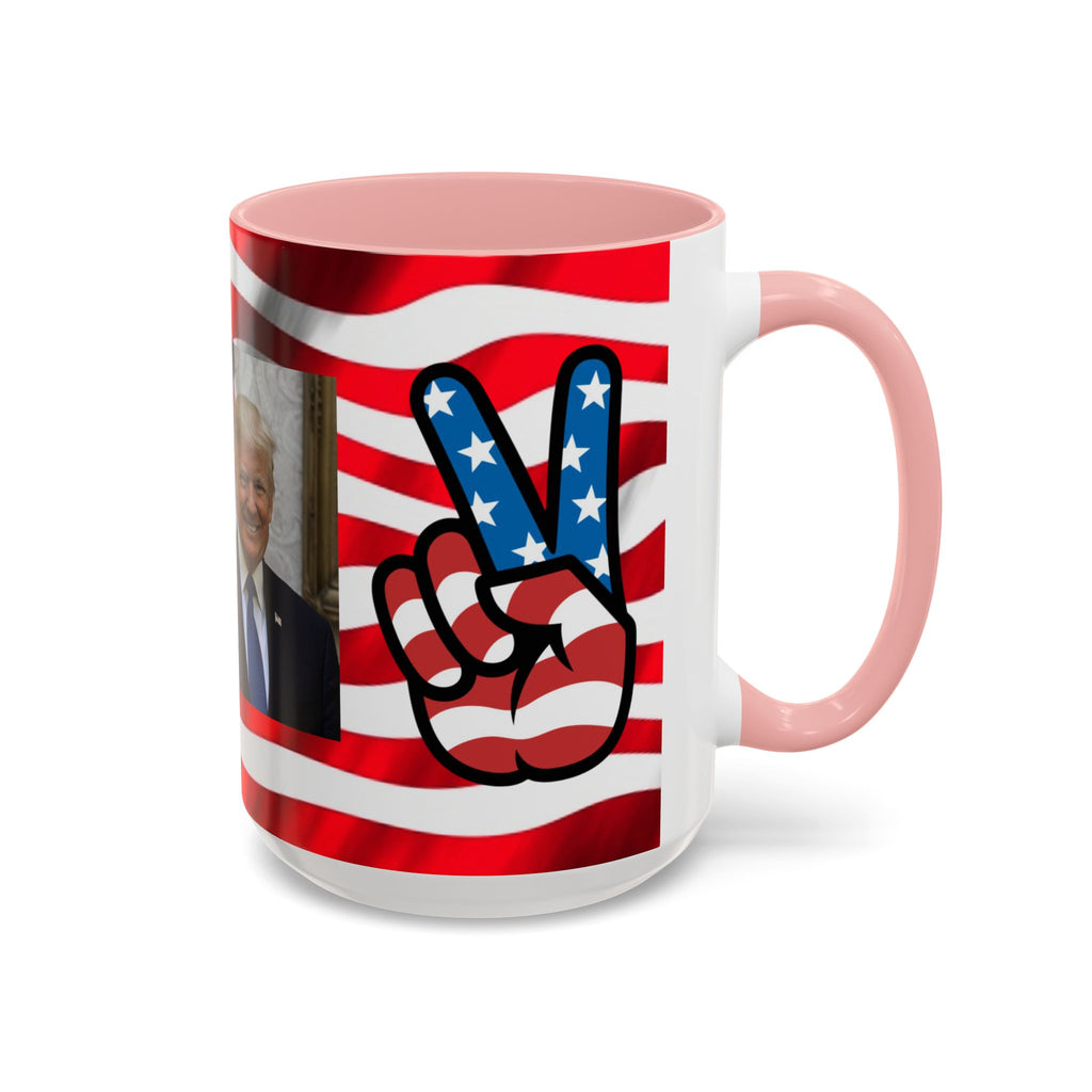 Patriotic President TRUMP Coffee Mug — American Flag Peace Sign & Smile