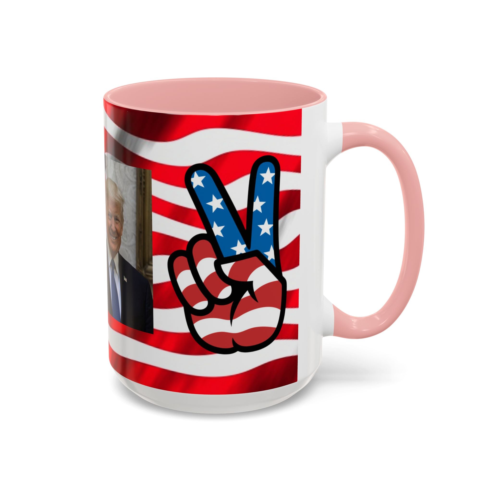 Patriotic President TRUMP Coffee Mug — American Flag Peace Sign & Smile