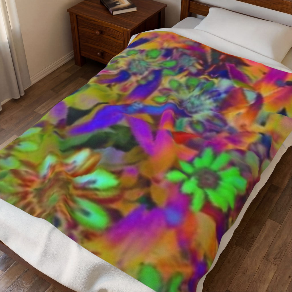Psychedelic Floral Velveteen Plush Blanket — Vibrant Rainbow Flowers Throw for Cozy Boho Living, Gift for Her