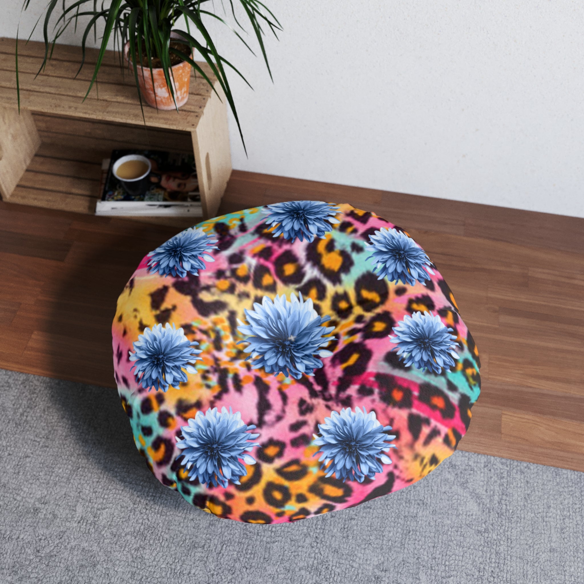 Boho Floral Round Floor Pillow — Vibrant Leopard & Blue Chrysanthemum Tufted Cushion