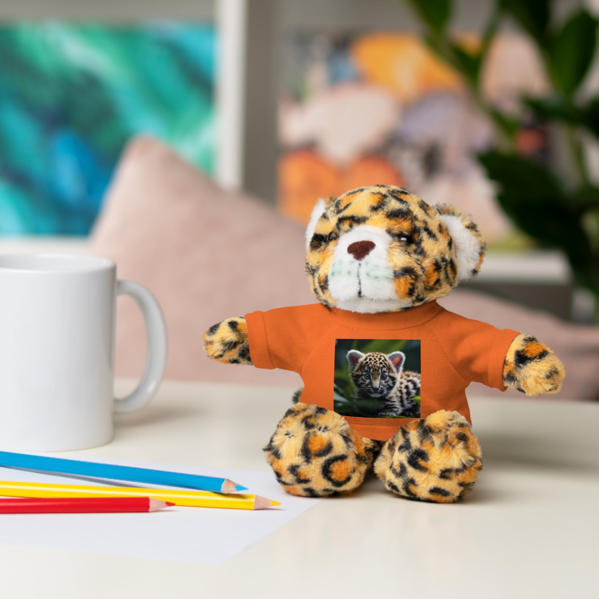 Plush Teddy Bear with Leopard Cub Tee — Cute Animal Gift for Kids & Wildlife Lovers