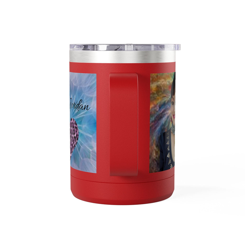 Mary Jordan Custom 15oz Travel Mug Tumbler — Personalized 'Enter text' Blue Floral Design & Heart