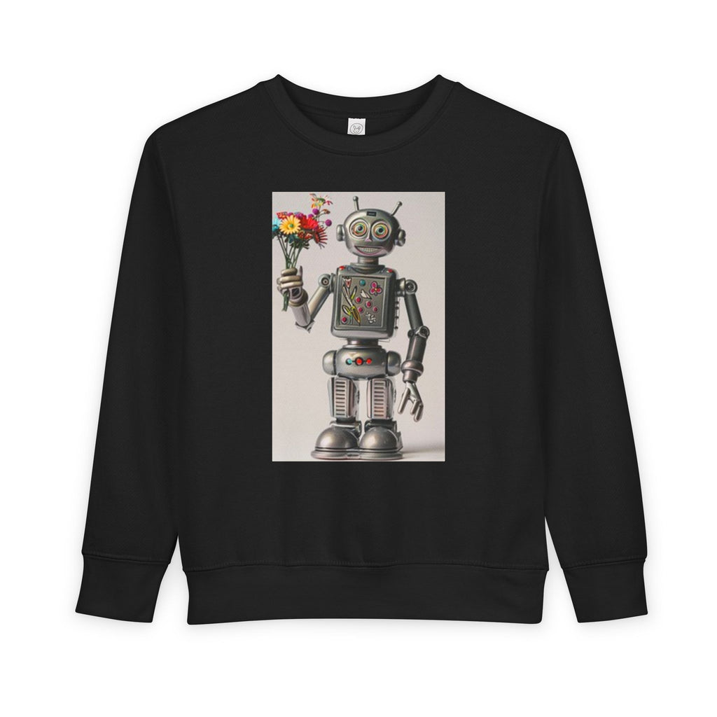 Retro Robot Toddler Sweatshirt — Cute Robot Holding Flowers Graphic