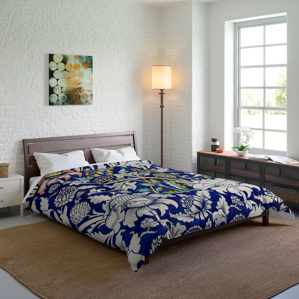 Blue Floral Vine Comforter – Vintage Botanical Pattern Bedding