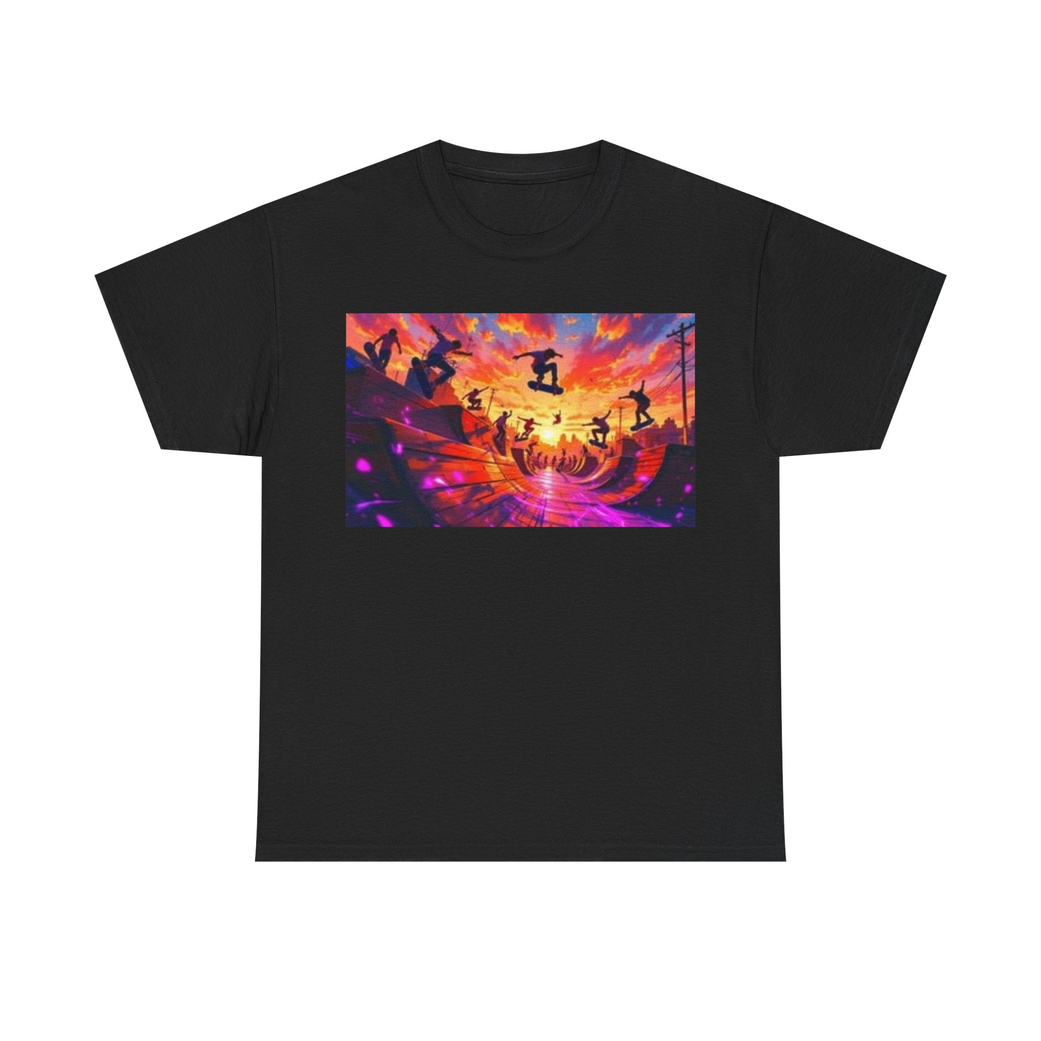 Skate Sunset Graphic Tee — Vibrant Skateboarding Sunset Scene Shirt