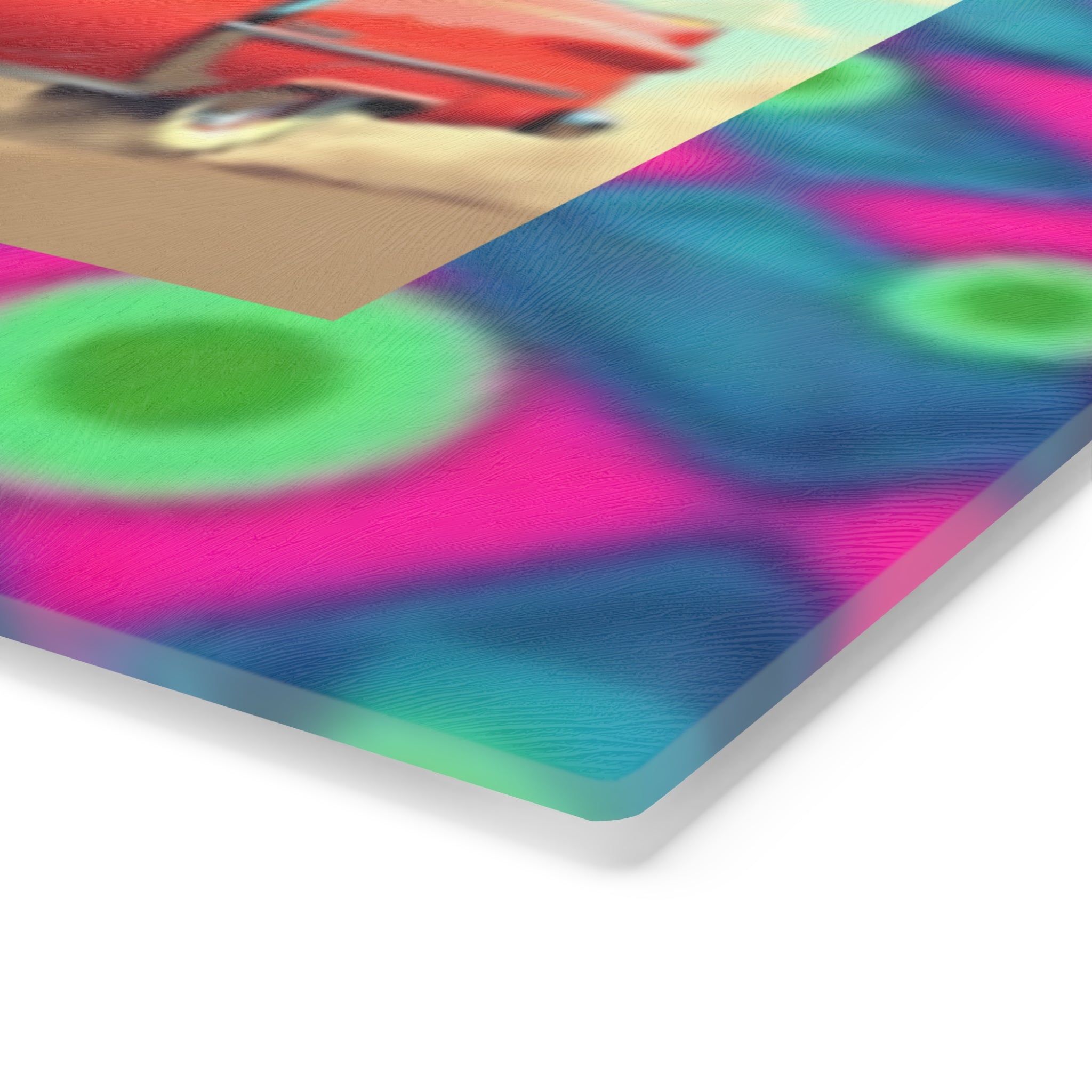 Retro Cat Driving Red Convertible Cutting Board — Funky Neon Border Kitchen Decor