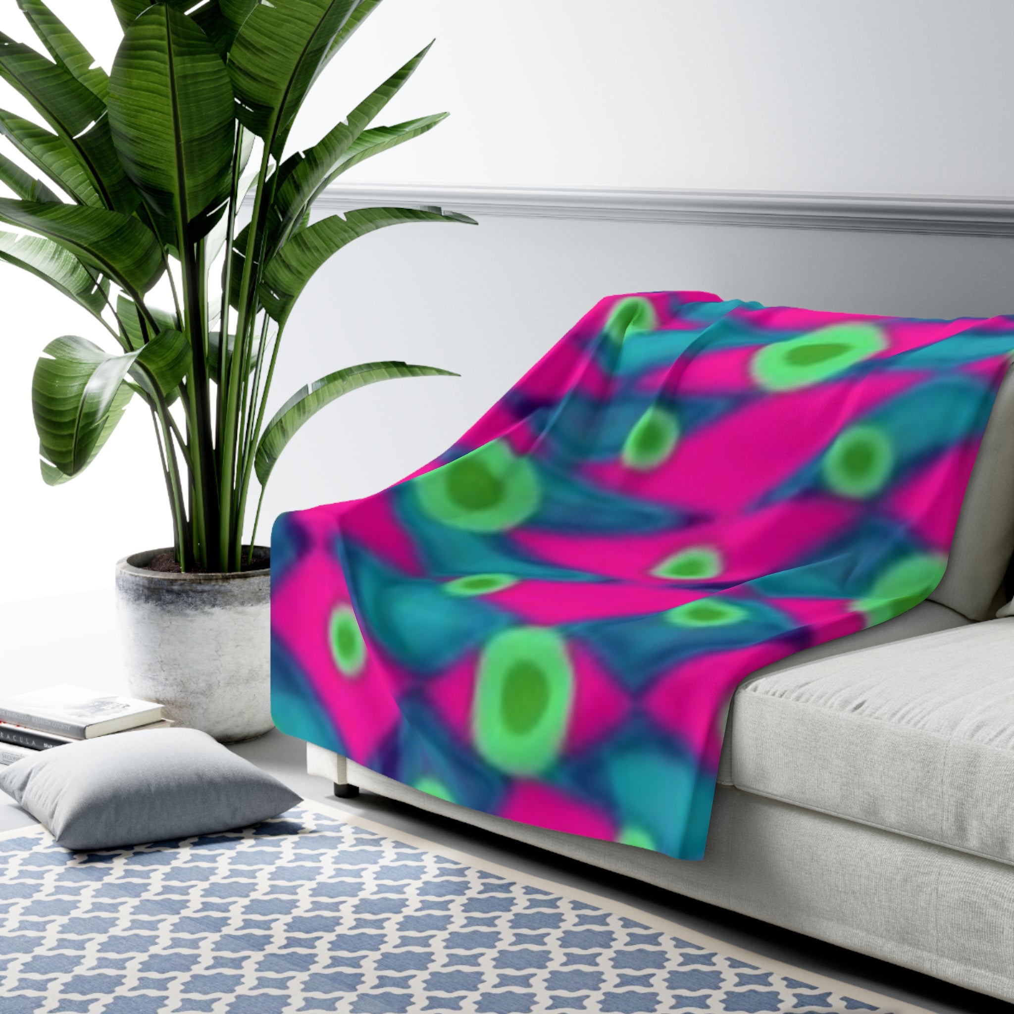 Vibrant Neon Abstract Sherpa Blanket — Plush Fleece Throw with Pink, Teal & Lime Pattern