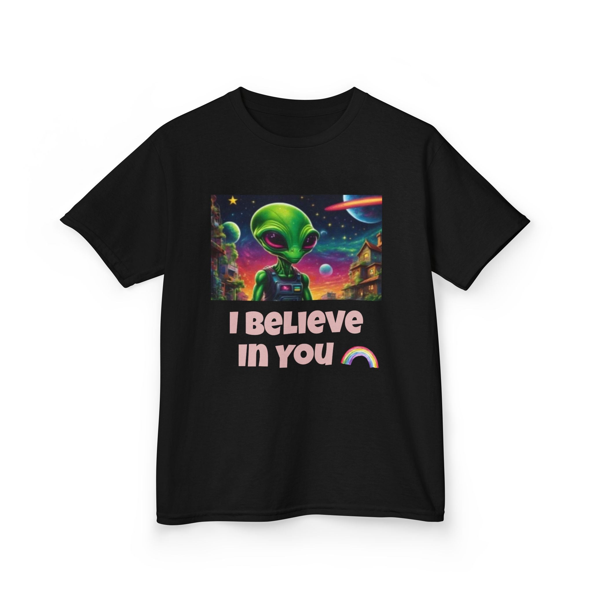 Kids Alien Space I Believe in You T-shirt — Colorful Extraterrestrial Galaxy Shirt