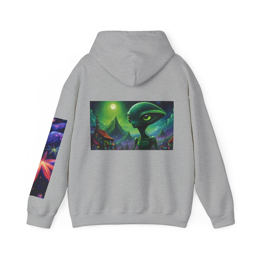 Alien Landscape Hoodie — Cosmic Moonscape & Green Alien Graphic Sweatshirt