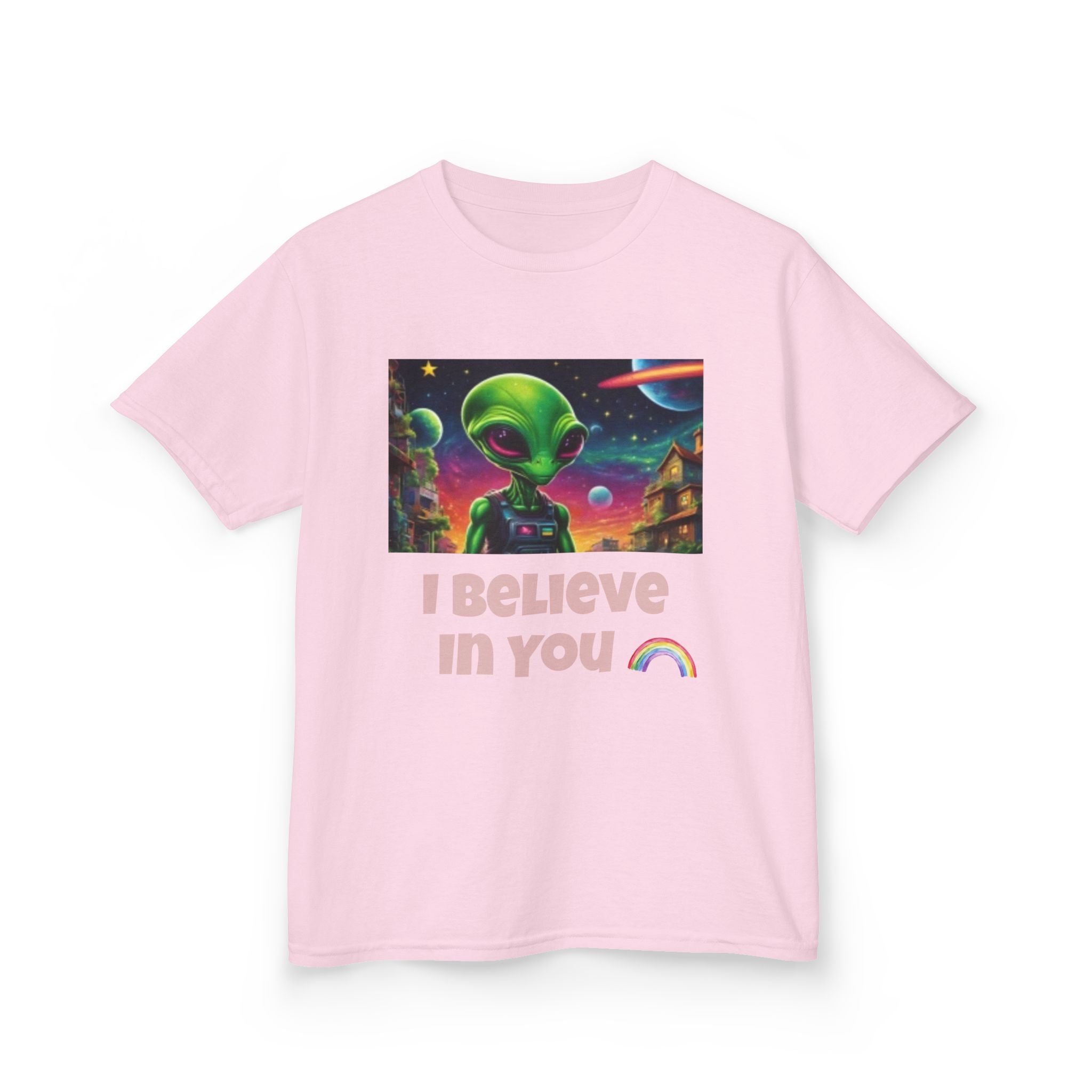 Kids Alien Space I Believe in You T-shirt — Colorful Extraterrestrial Galaxy Shirt