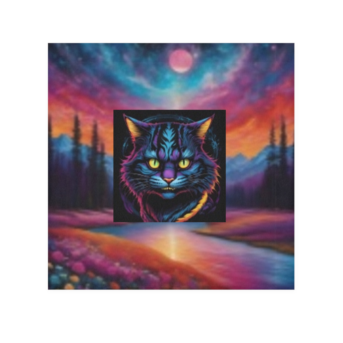 Mystic Neon Cat Face Sunset Towel