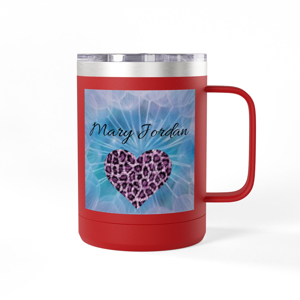 Mary Jordan Custom 15oz Travel Mug Tumbler — Personalized 'Enter text' Blue Floral Design & Heart