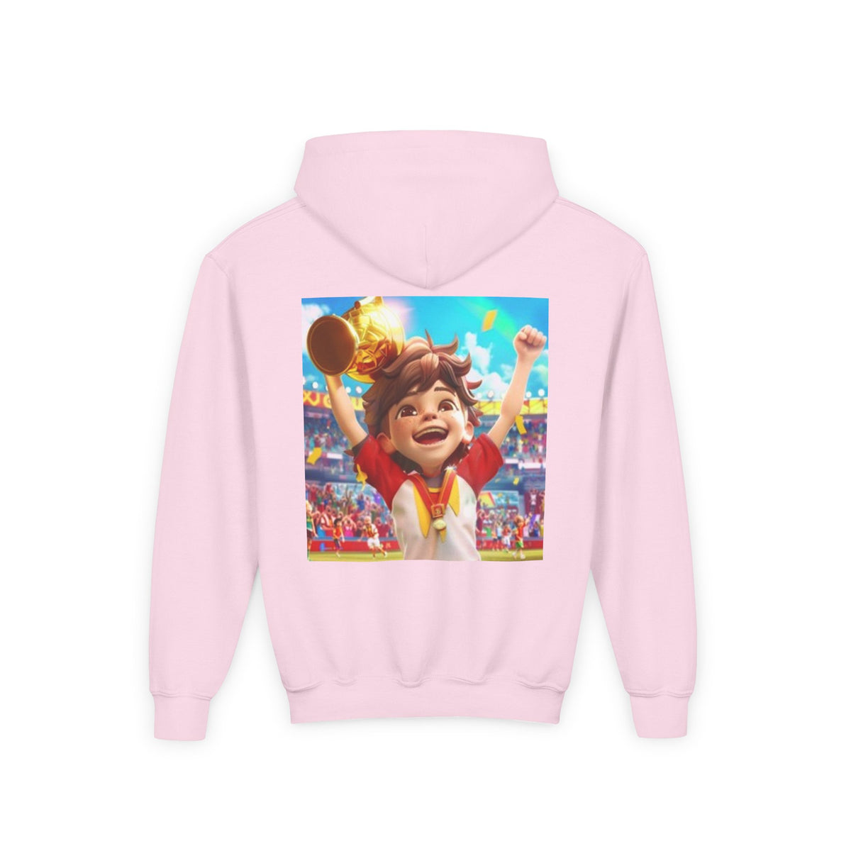 Youth Hoodie — Celebratory Kid Champion Design (Animated Boy with Trophy)