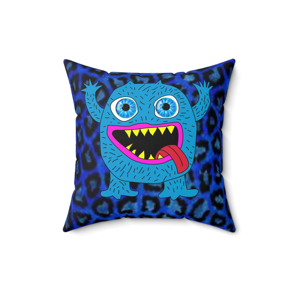 Blue Cartoon Monster Throw Pillow — Cute Fuzzy Monster Decorative Pillow
