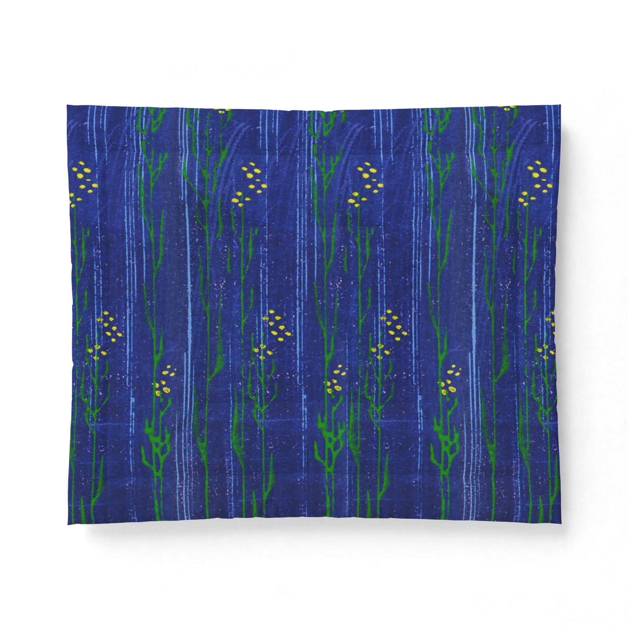 Blue Floral Cotton Comforter — Hand-Painted Meadow Stripe Bedding