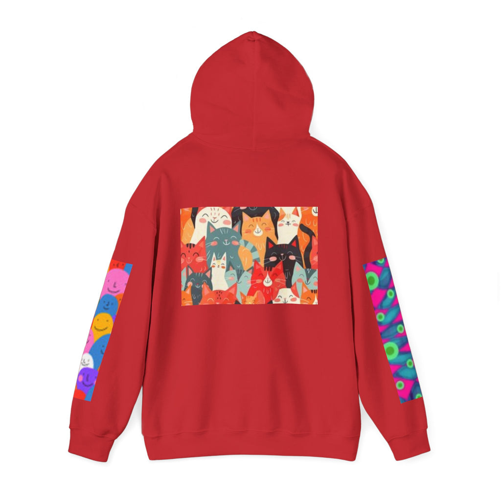 Cat Graphic Hoodie - Retro Sunglasses Cat Front & Colorful Cat Pattern Back Sweatshirt