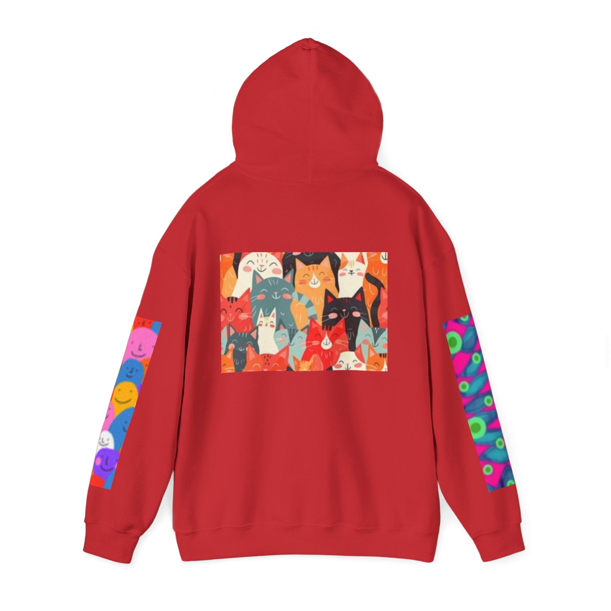 Cat Graphic Hoodie - Retro Sunglasses Cat Front & Colorful Cat Pattern Back Sweatshirt