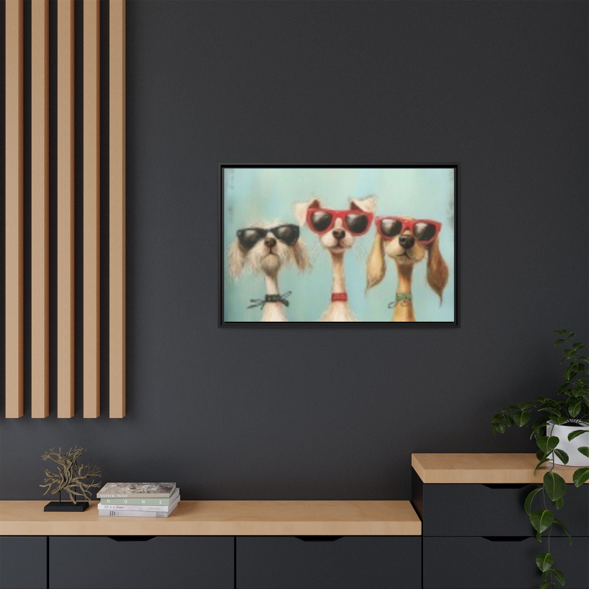 Framed Matte Canvas — Three Cool Dogs in Sunglasses Wall Art
