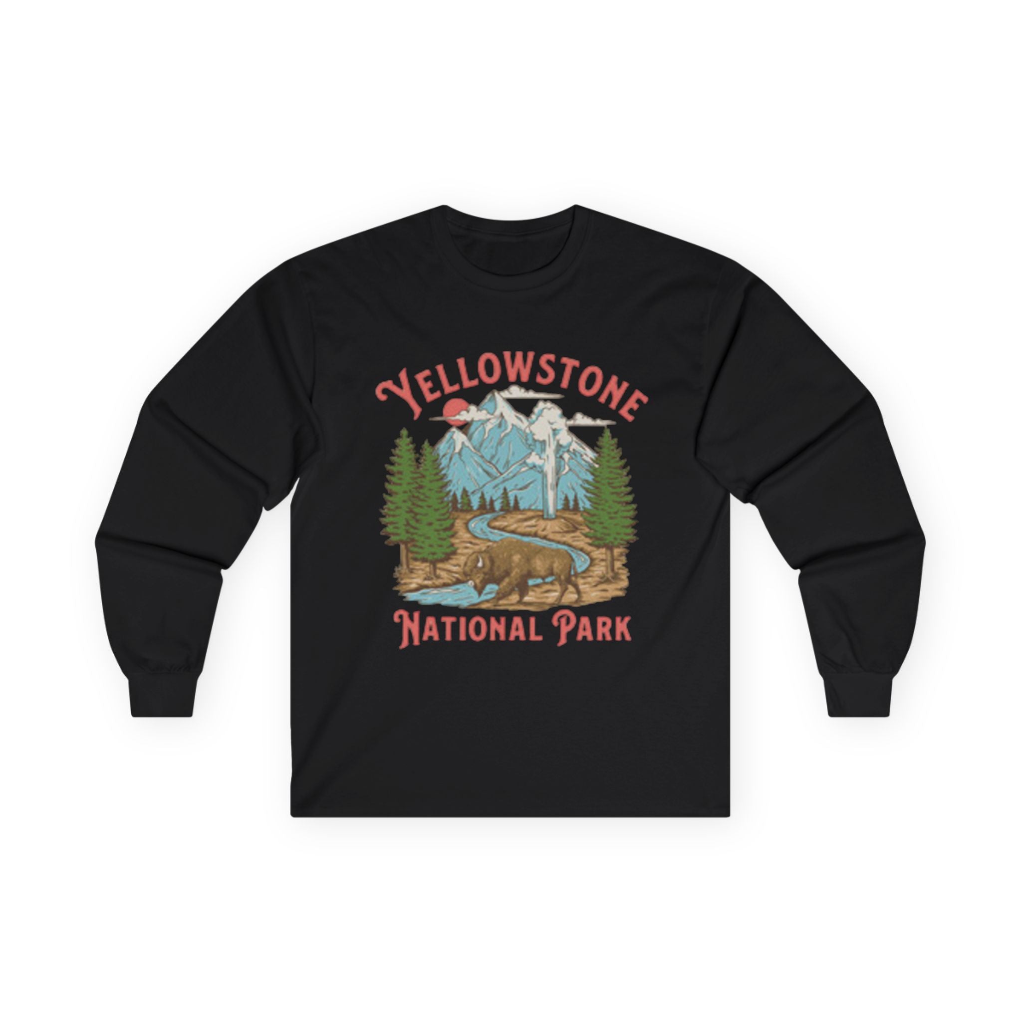 A black long-sleeve t-shirt with a graphic print of Yellowstone National Park, featuring a bison, mountains, trees, and a river, with 'Yellowstone National Park' written in red text.