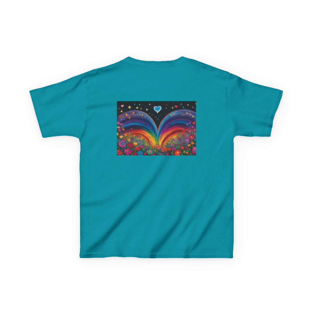 Kids T-shirt— Cute Tiger Cub Photo Front & Rainbow Heart Back Graphic