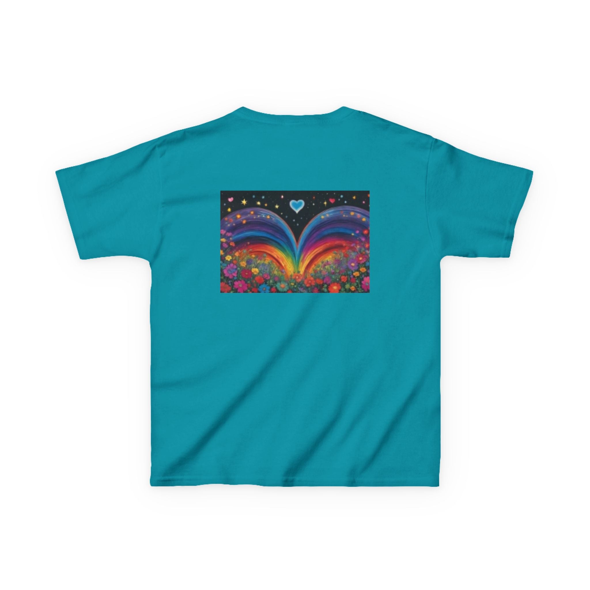 Kids T-shirt— Cute Tiger Cub Photo Front & Rainbow Heart Back Graphic