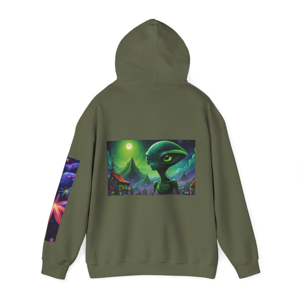 Alien Landscape Hoodie — Cosmic Moonscape & Green Alien Graphic Sweatshirt
