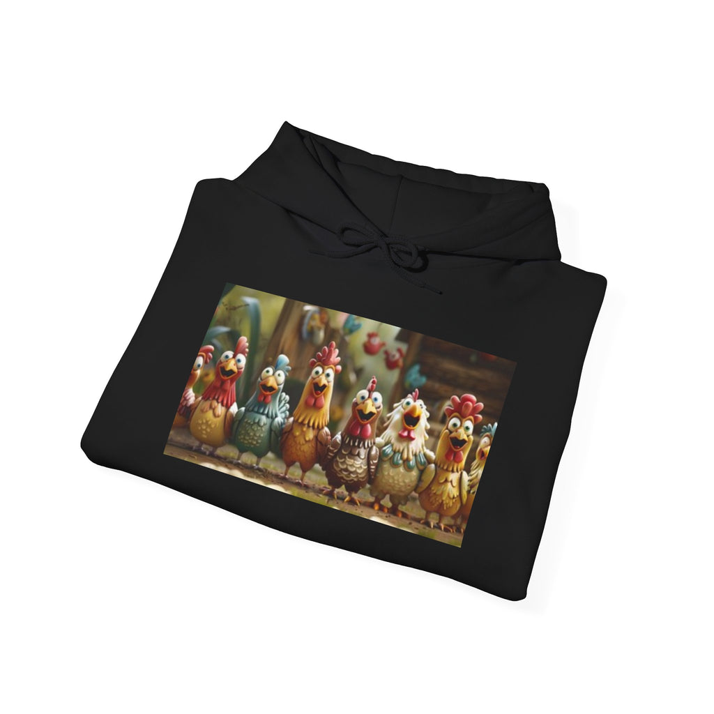 Chicken Row Graphic Hoodie — Colorful Folk Art Chickens Pullover