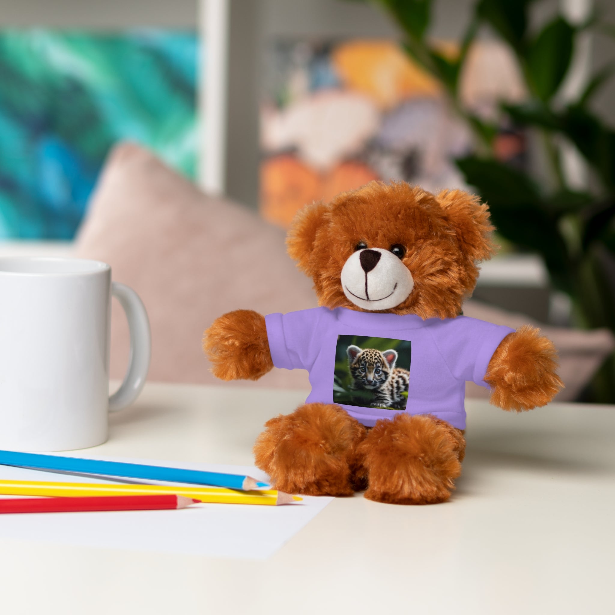 Plush Teddy Bear with Leopard Cub Tee — Cute Animal Gift for Kids & Wildlife Lovers