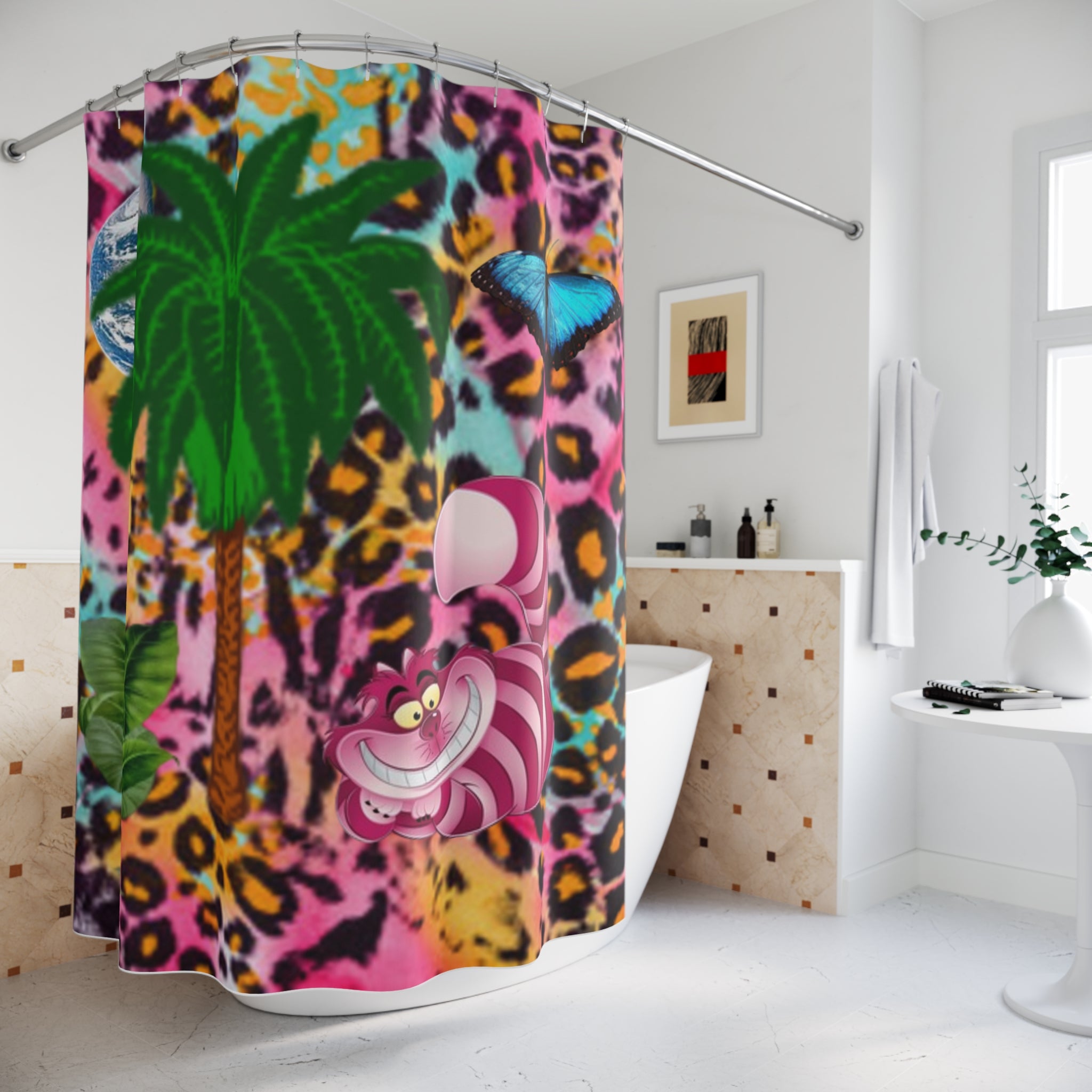 Cheshire Cat Leopard Print Earth  Palm Tree Shower Curtain — Neon Rainbow Animal Bathroom Decor