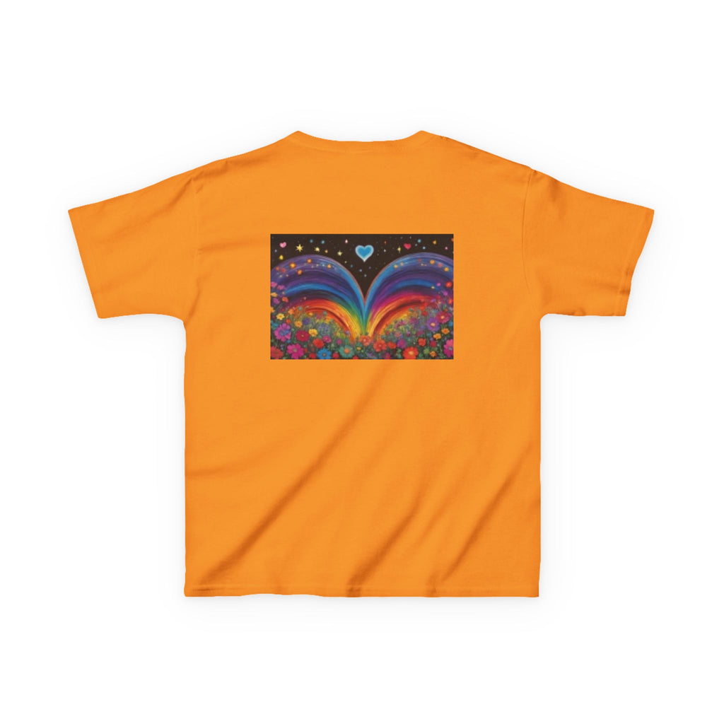 Kids T-shirt— Cute Tiger Cub Photo Front & Rainbow Heart Back Graphic