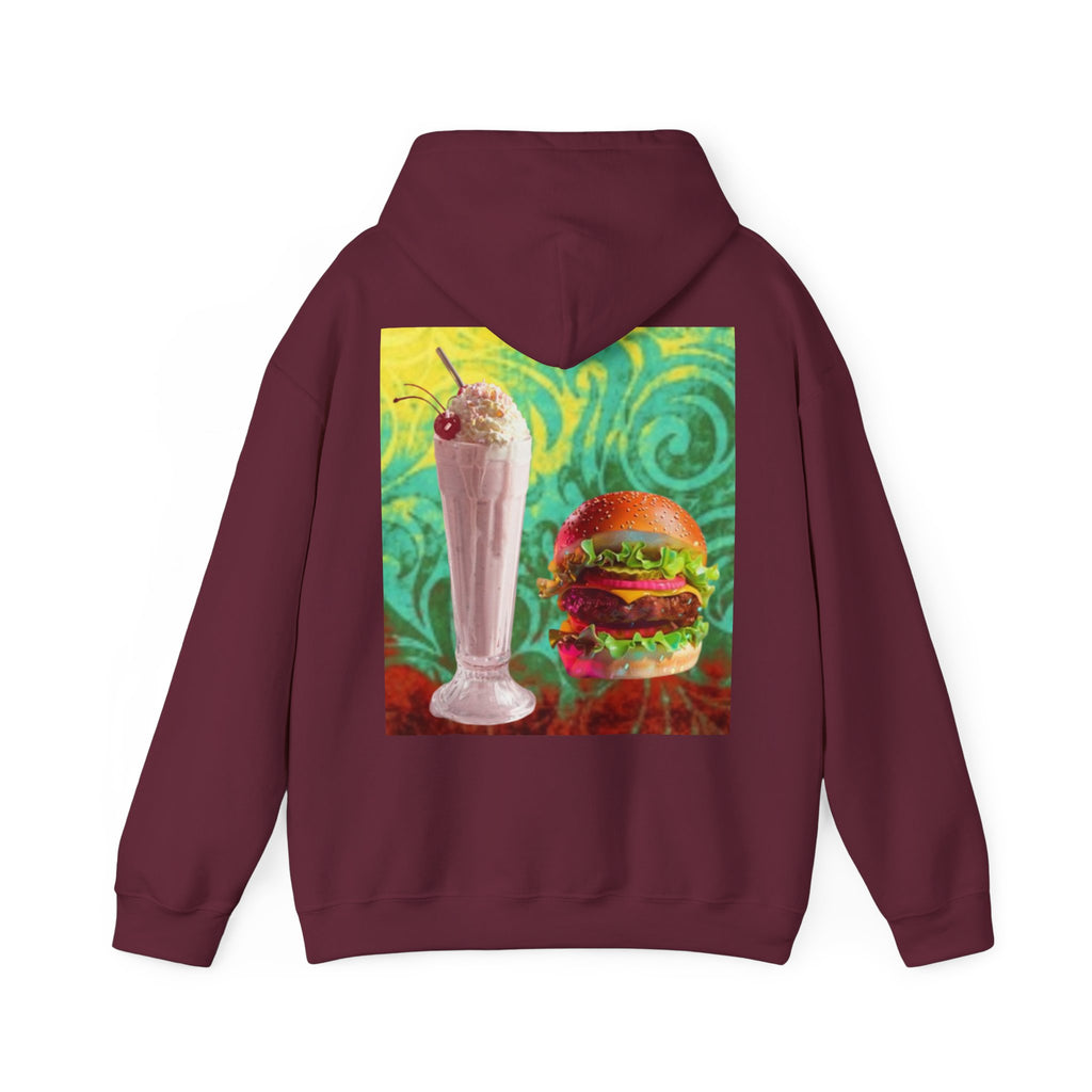 Burger & Strawberry Milkshake Hoodie — Retro Diner Food Graphic Hoodie