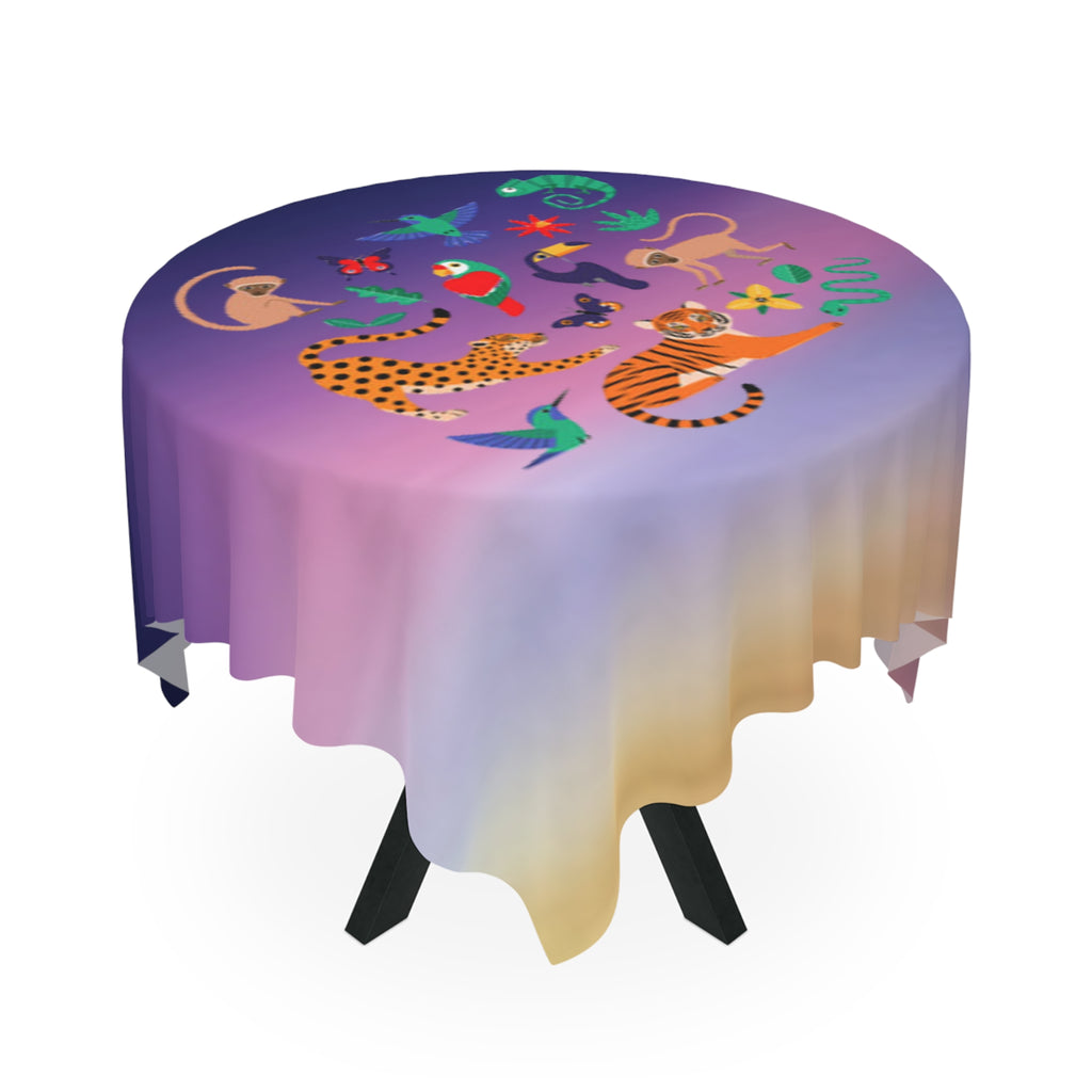 Jungle Sunset Tablecloth — Colorful Tropical Animals Centerpiece Print